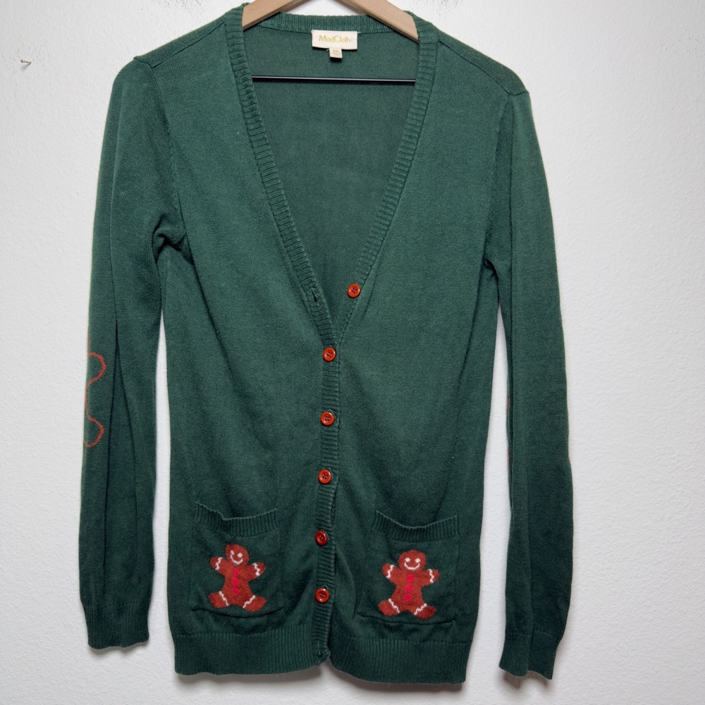 ModCloth Women Cotton Cardigan XS Green Gingerbread Man Christmas Pockets V-Neck